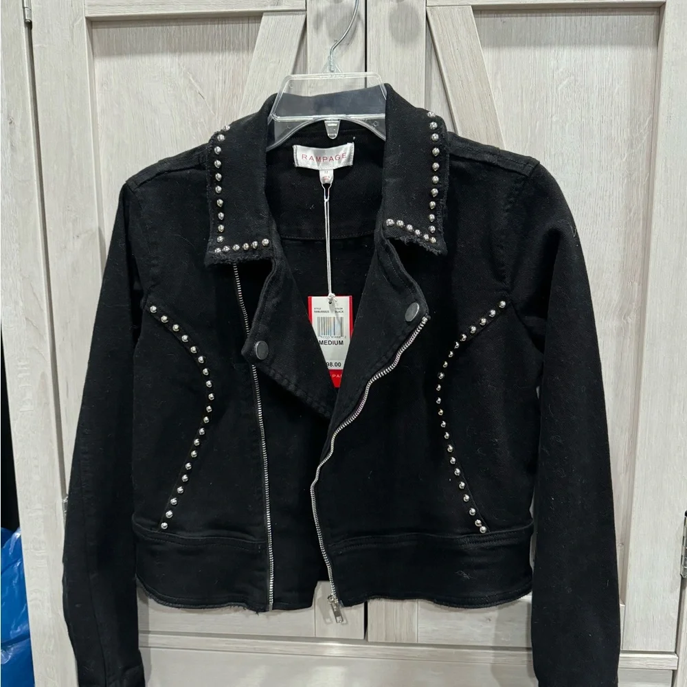 Rampage Black Denim Moto Jacket Size Medium - Picture 2 of 7